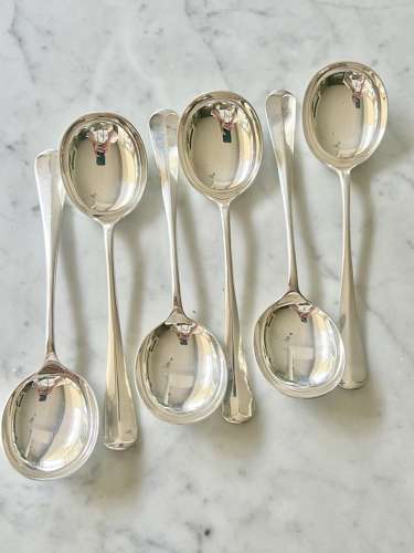 Six Art Deco Silver Plated Rattail Pattern Soup Spoons Circa 1930s