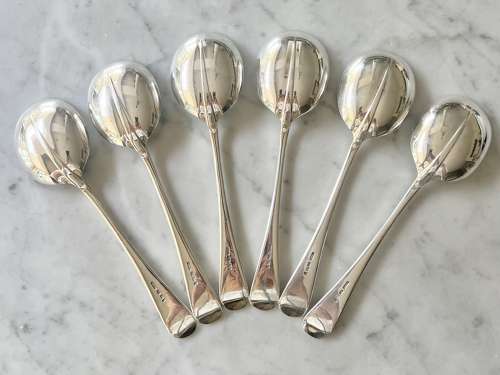 Six Art Deco Silver Plated Rattail Pattern Soup Spoons Circa 1930s