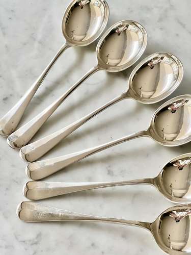 Six Art Deco Silver Plated Rattail Pattern Soup Spoons Circa 1930s