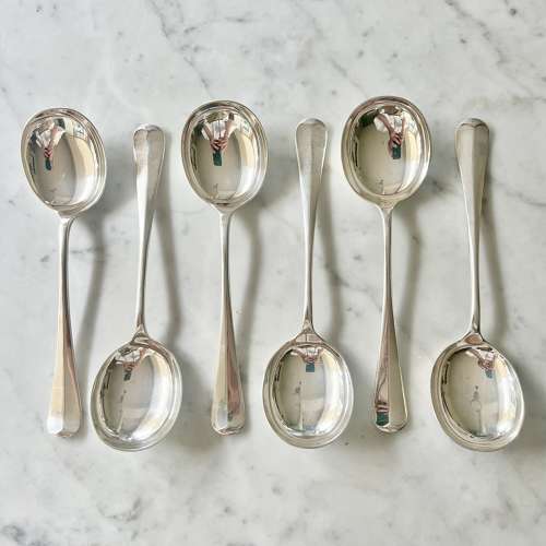 Six Art Deco Silver Plated Rattail Pattern Soup Spoons Circa 1930s