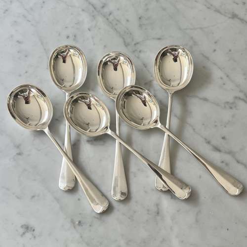 Six Art Deco Silver Plated Rattail Pattern Soup Spoons Circa 1930s
