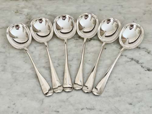 Six Art Deco Silver Plated Rattail Pattern Soup Spoons Circa 1930s