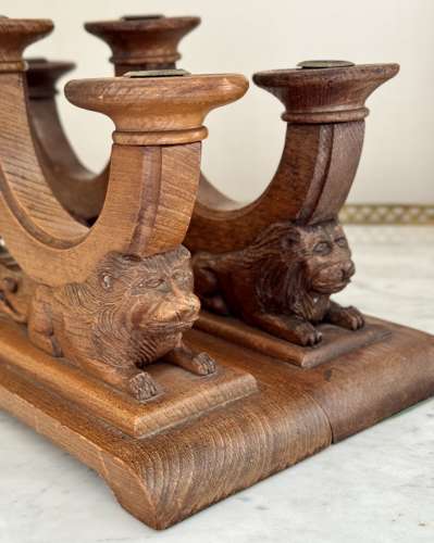 Pair XL Art Deco carved oak Lion candlesticks
