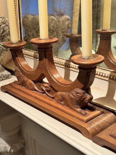 Pair XL Art Deco carved oak Lion candlesticks