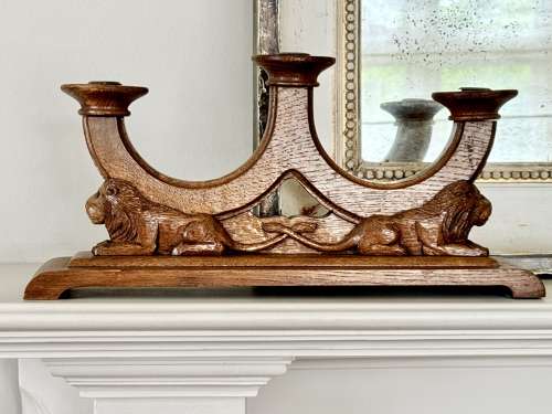 Pair XL Art Deco carved oak Lion candlesticks
