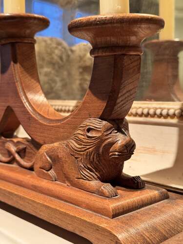 Pair XL Art Deco carved oak Lion candlesticks