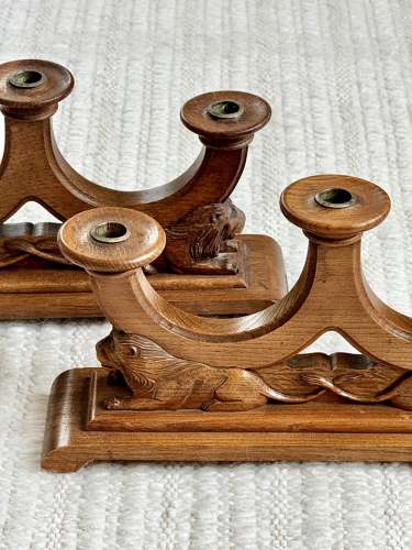 Pair XL Art Deco carved oak Lion candlesticks