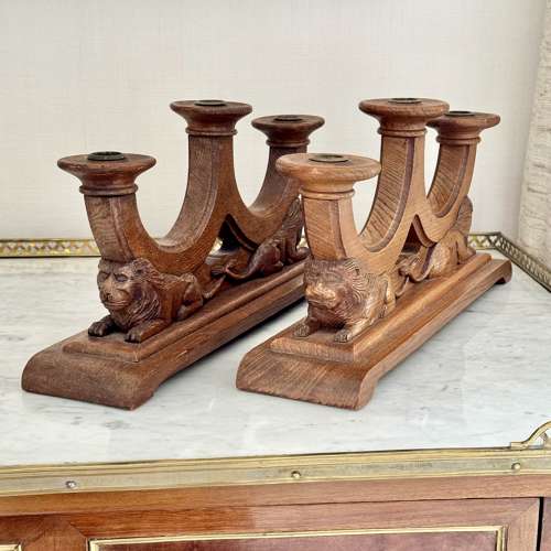 Pair XL Art Deco carved oak Lion candlesticks