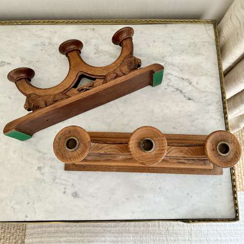 Pair XL Art Deco carved oak Lion candlesticks