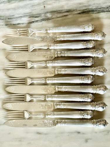 Pretty Edwardian silver plated fruit knives & forks for 6 guests