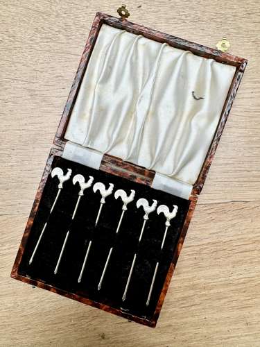 Art Deco Silver Plated Cockerel Cocktail Stick Set