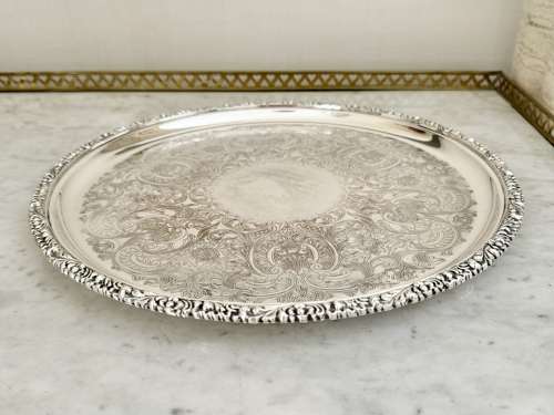 Late Victorian Round Silver Plated & Engraved Serving Tray