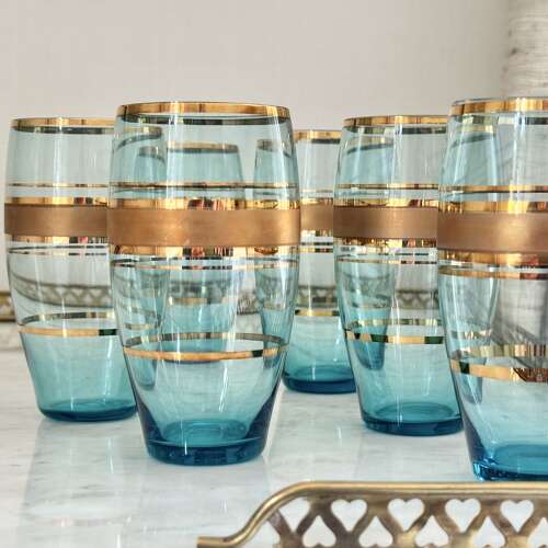 6 Bohemian Gold & Blue Glass Cocktail Tumblers C1950