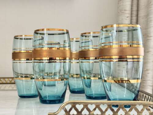 6 Bohemian Gold & Blue Glass Cocktail Tumblers C1950
