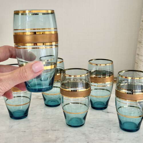 6 Bohemian Gold & Blue Glass Cocktail Tumblers C1950