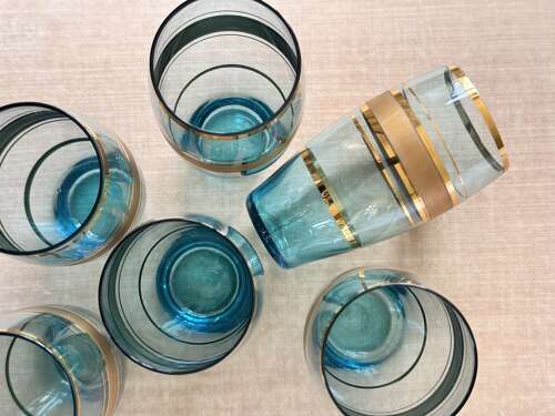 6 Bohemian Gold & Blue Glass Cocktail Tumblers C1950