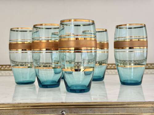 6 Bohemian Gold & Blue Glass Cocktail Tumblers C1950
