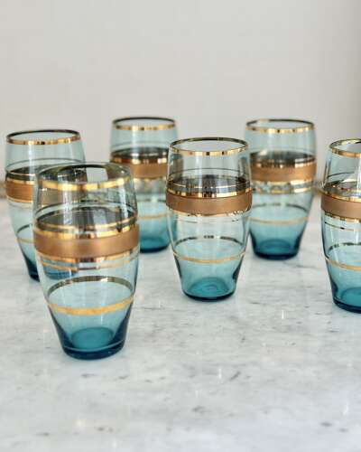 6 Bohemian Gold & Blue Glass Cocktail Tumblers C1950