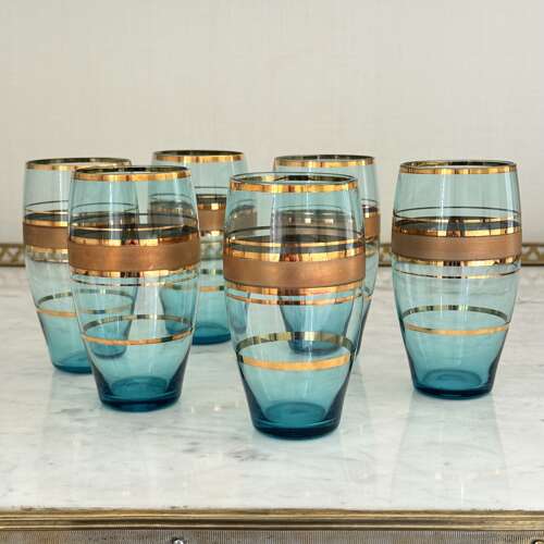 6 Bohemian Gold & Blue Glass Cocktail Tumblers C1950