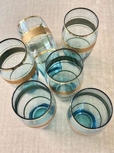 6 Bohemian Gold & Blue Glass Cocktail Tumblers C1950
