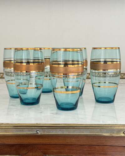 6 Bohemian Gold & Blue Glass Cocktail Tumblers C1950