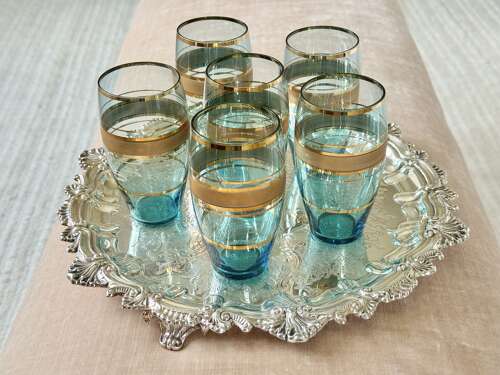 6 Bohemian Gold & Blue Glass Cocktail Tumblers C1950