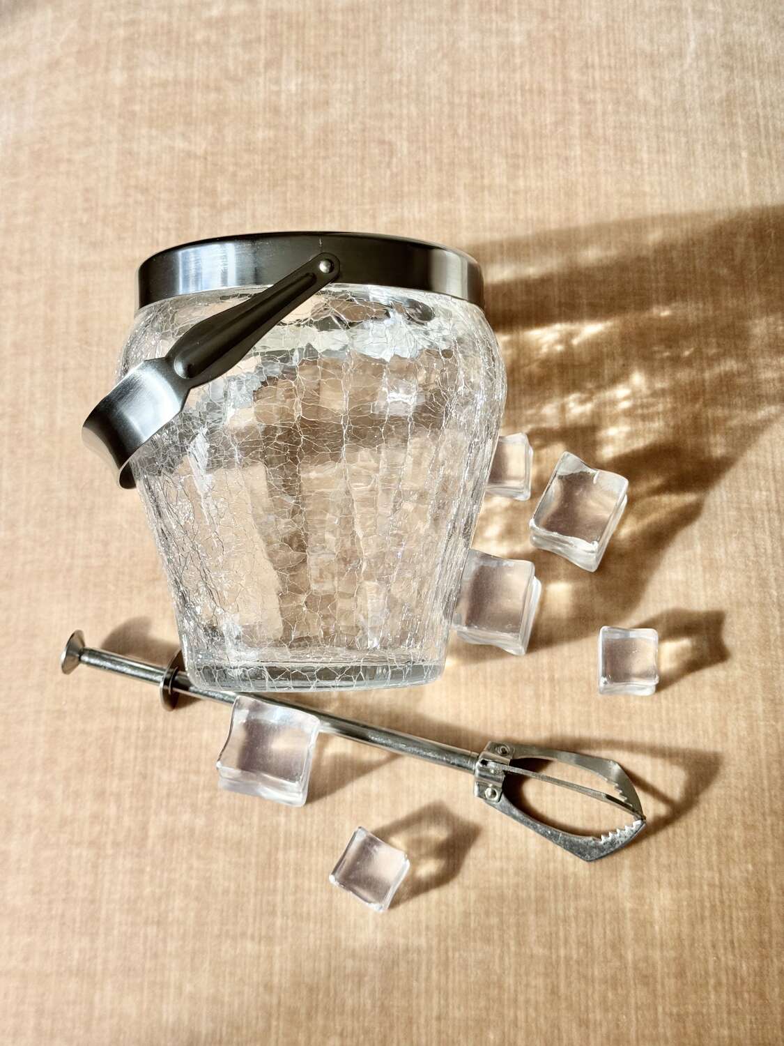 Vintage German Crackle Glass Ice Bucket & ice tongs C1960