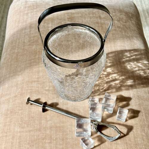 Vintage German Crackle Glass Ice Bucket & ice tongs C1960