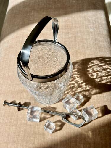 Vintage German Crackle Glass Ice Bucket & ice tongs C1960