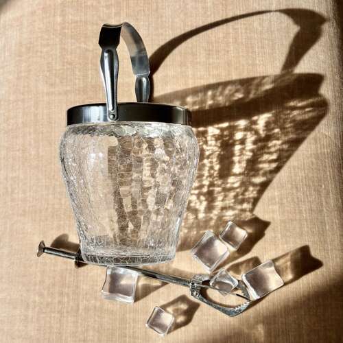 Vintage German Crackle Glass Ice Bucket & ice tongs C1960