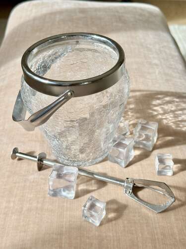Vintage German Crackle Glass Ice Bucket & ice tongs C1960