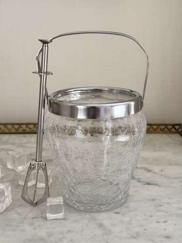 Vintage German Crackle Glass Ice Bucket & ice tongs C1960