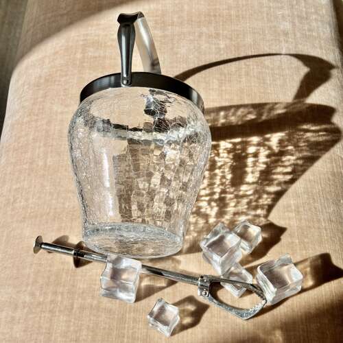 Vintage German Crackle Glass Ice Bucket & ice tongs C1960