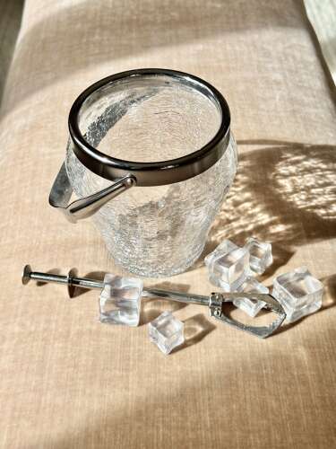 Vintage German Crackle Glass Ice Bucket & ice tongs C1960
