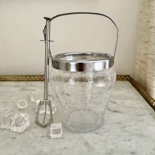 Vintage German Crackle Glass Ice Bucket & ice tongs C1960