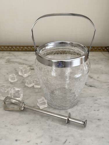 Vintage German Crackle Glass Ice Bucket & ice tongs C1960