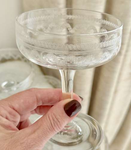 4 French etched glass champagne saucers C1940