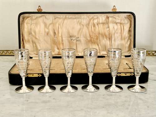 Art Nouveau Silver Overlaid Liqueur Cocktail Glass Set C1900