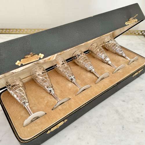 Art Nouveau Silver Overlaid Liqueur Cocktail Glass Set C1900