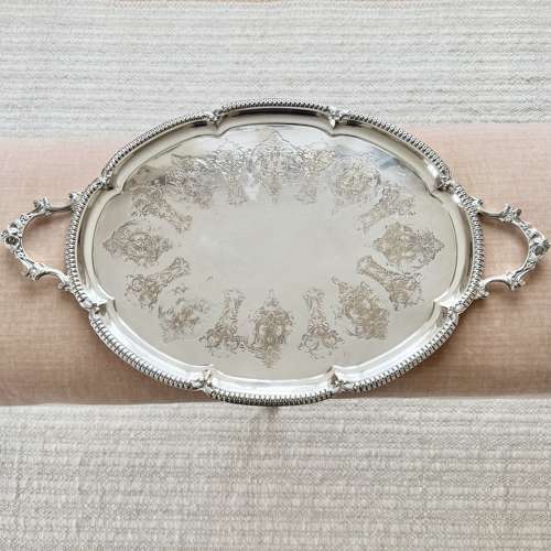 Outstanding elaborately engraved twin handled serving tray