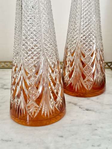 Superb Pair Cut To Clear Crystal Pyramid Decanters