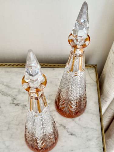 Superb Pair Cut To Clear Crystal Pyramid Decanters