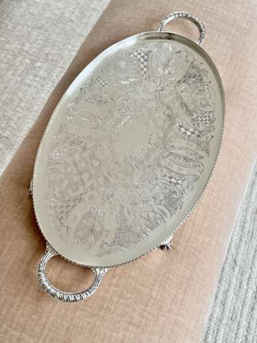 Pretty hand chased twin handled serving tray Circa 1950