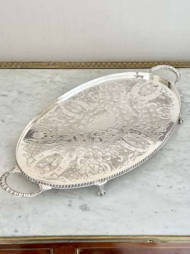 Pretty hand chased twin handled serving tray Circa 1950