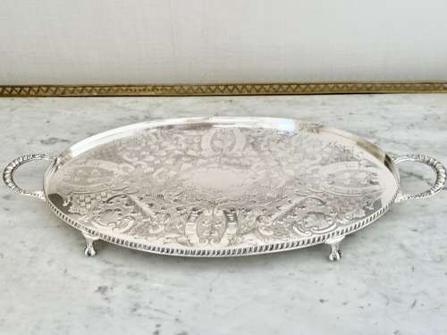 Pretty hand chased twin handled serving tray Circa 1950