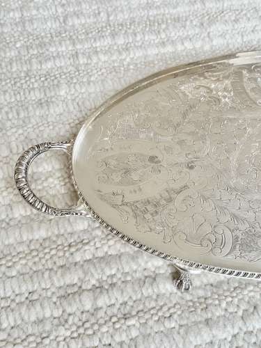 Pretty hand chased twin handled serving tray Circa 1950