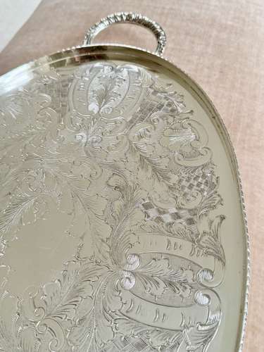 Pretty hand chased twin handled serving tray Circa 1950