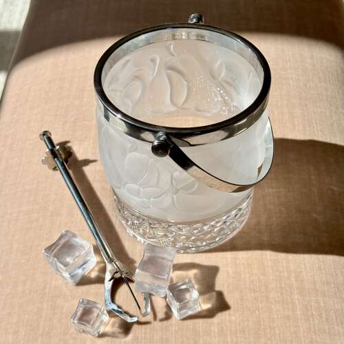 French frosted glass ice bucket & grabber tongs 1950s