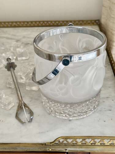 French frosted glass ice bucket & grabber tongs 1950s