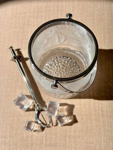 French frosted glass ice bucket & grabber tongs 1950s